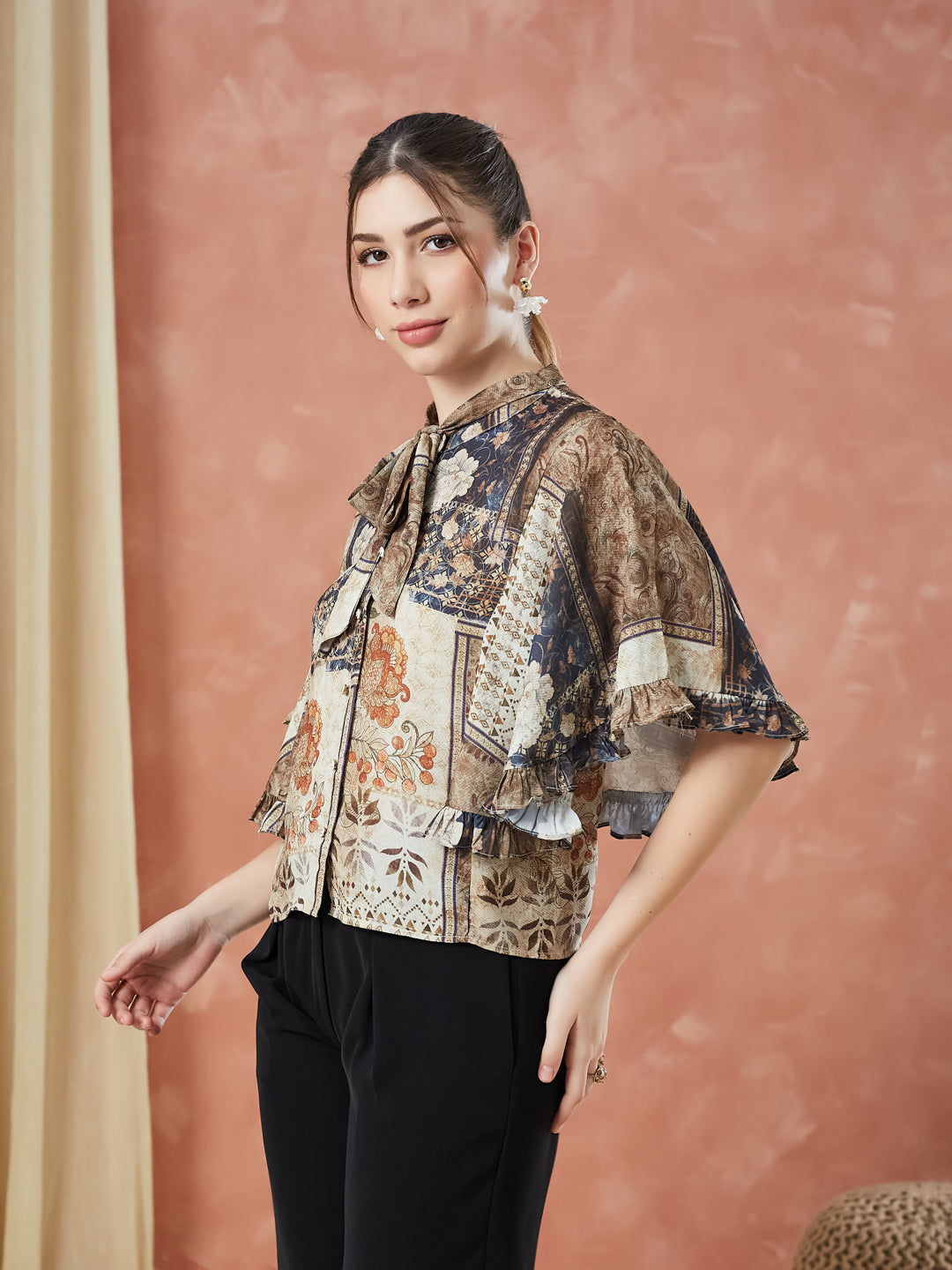 Latin Quarters Women's Beige Half Sleeves Printed Tie-Up Neck Casual Top