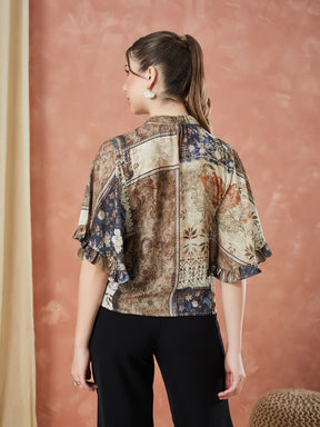 Latin Quarters Women's Beige Half Sleeves Printed Tie-Up Neck Casual Top