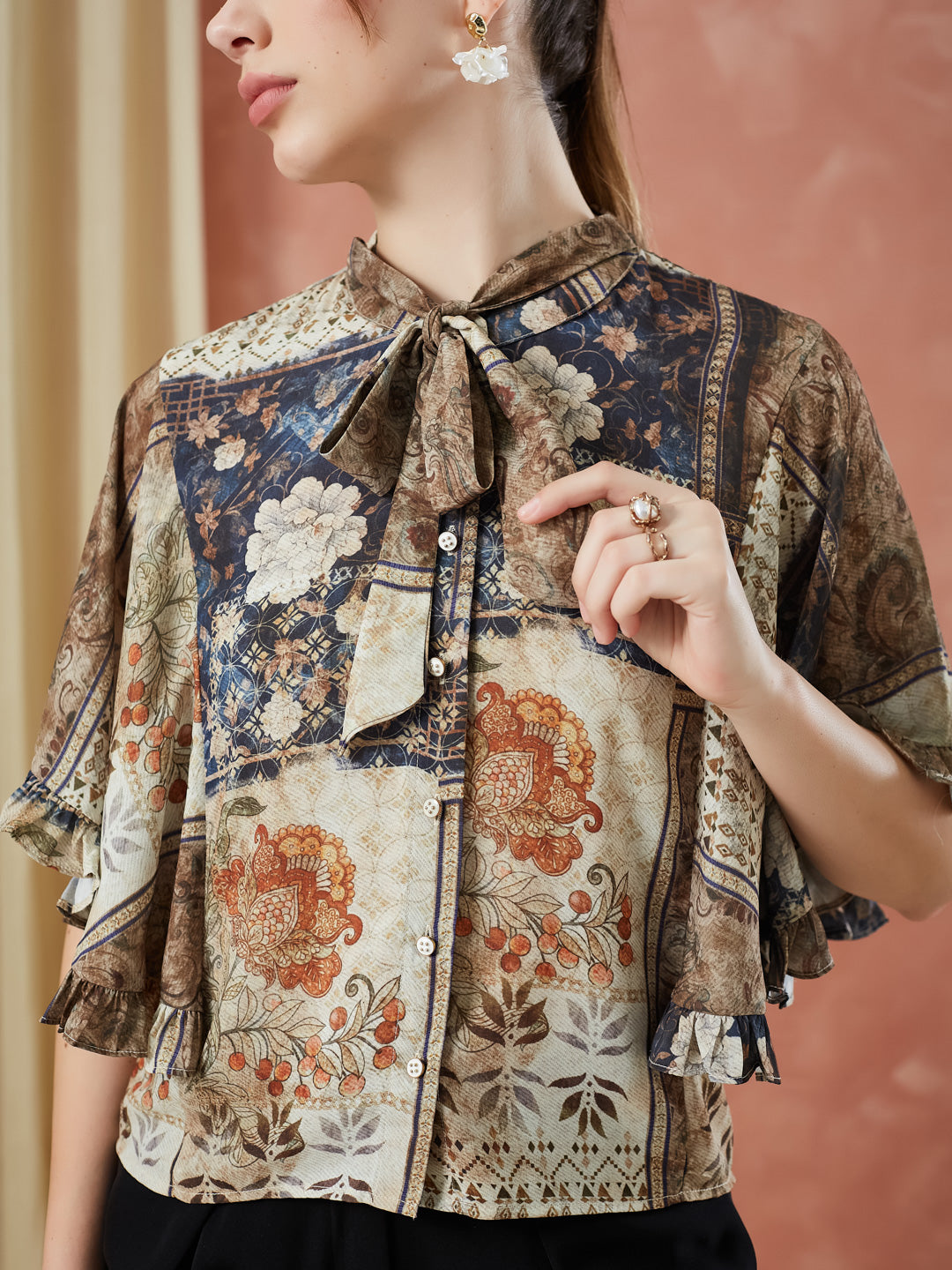 Latin Quarters Women's Beige Half Sleeves Printed Tie-Up Neck Casual Top