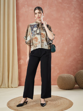 Latin Quarters Women's Beige Half Sleeves Printed Tie-Up Neck Casual Top