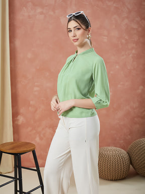 Latin Quarters Women's Green 3/4Th Sleeves Solid Mandarin Neck Casual Top