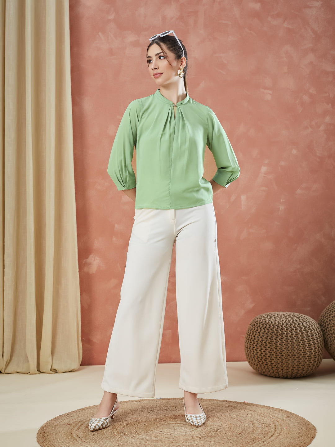 Latin Quarters Women's Green 3/4Th Sleeves Solid Mandarin Neck Casual Top