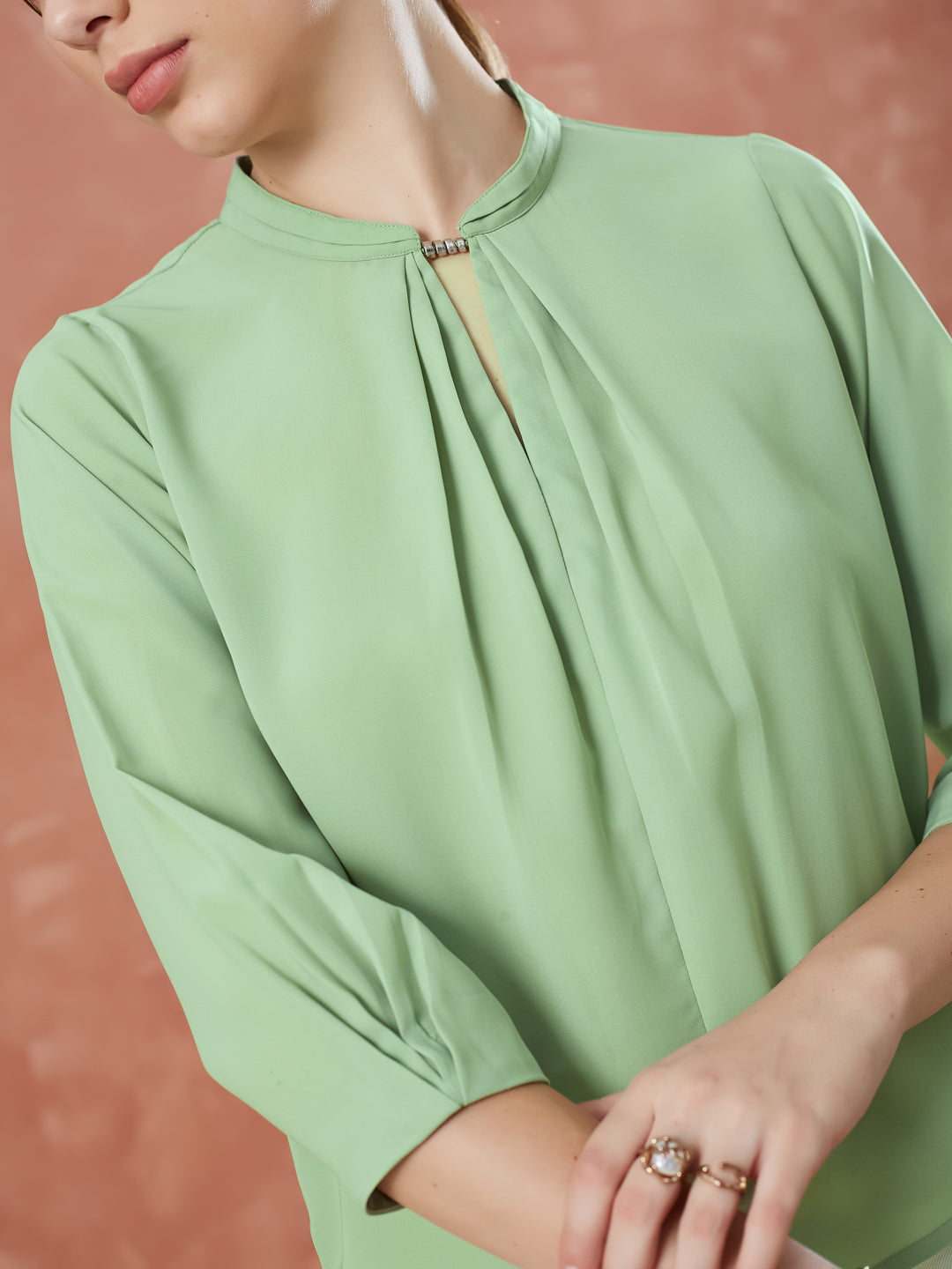 Latin Quarters Women's Green 3/4Th Sleeves Solid Mandarin Neck Casual Top