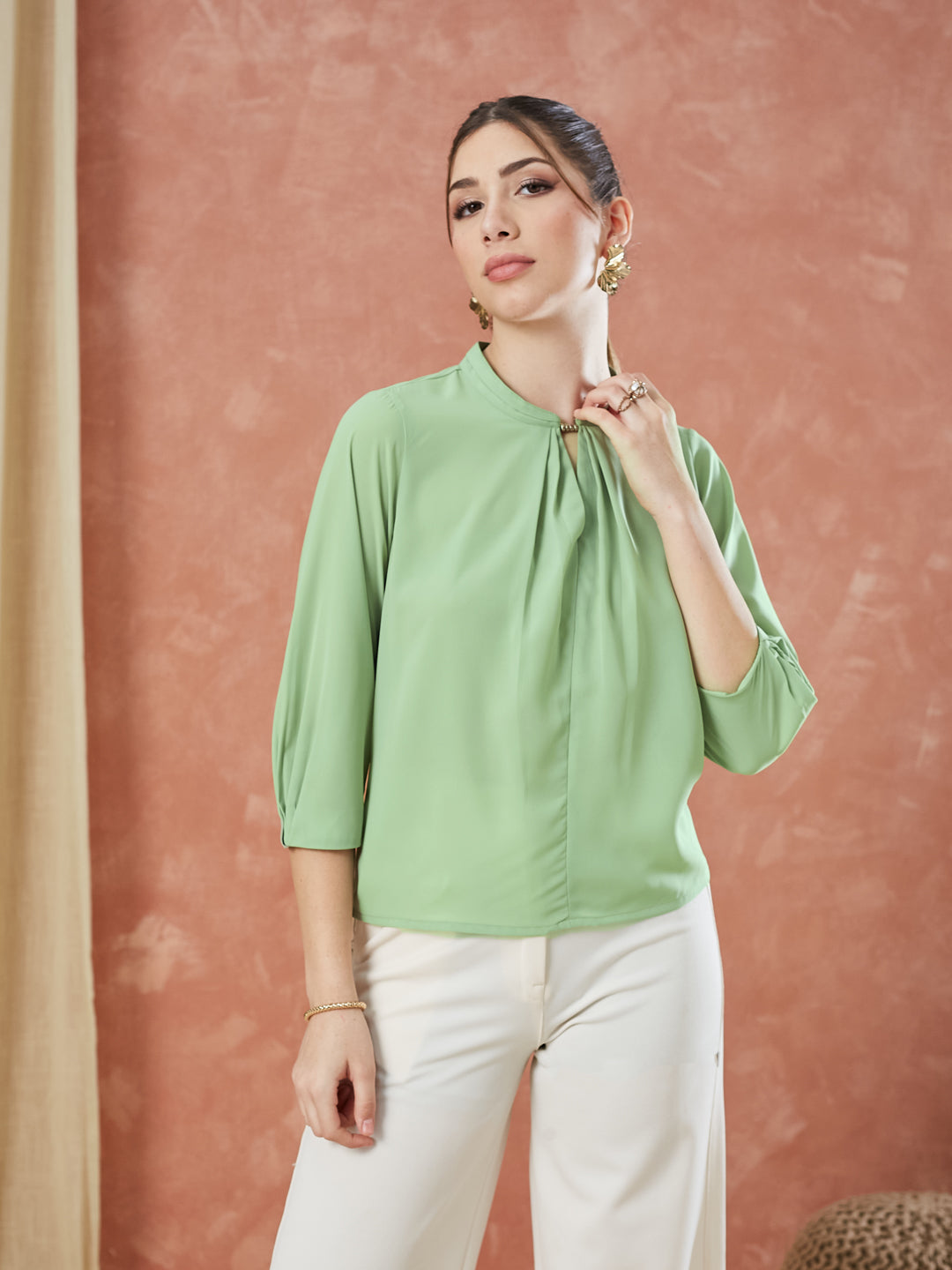 Latin Quarters Women's Green 3/4Th Sleeves Solid Mandarin Neck Casual Top