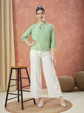 Latin Quarters Women's Green 3/4Th Sleeves Solid Mandarin Neck Casual Top