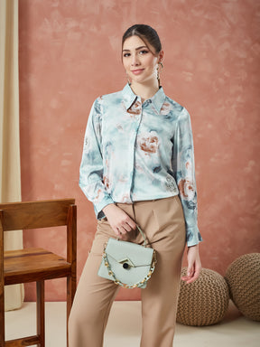 Latin Quarters Women's Grey Full Sleeves Printed Collared Neck Formal Shirt