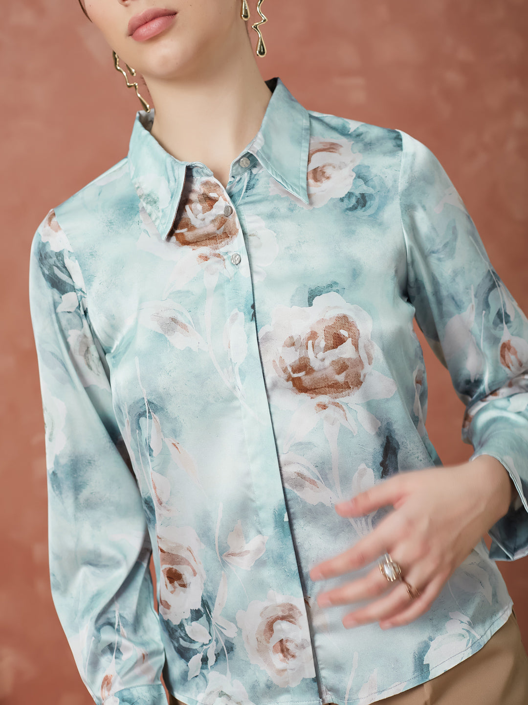 Latin Quarters Women's Grey Full Sleeves Printed Collared Neck Formal Shirt