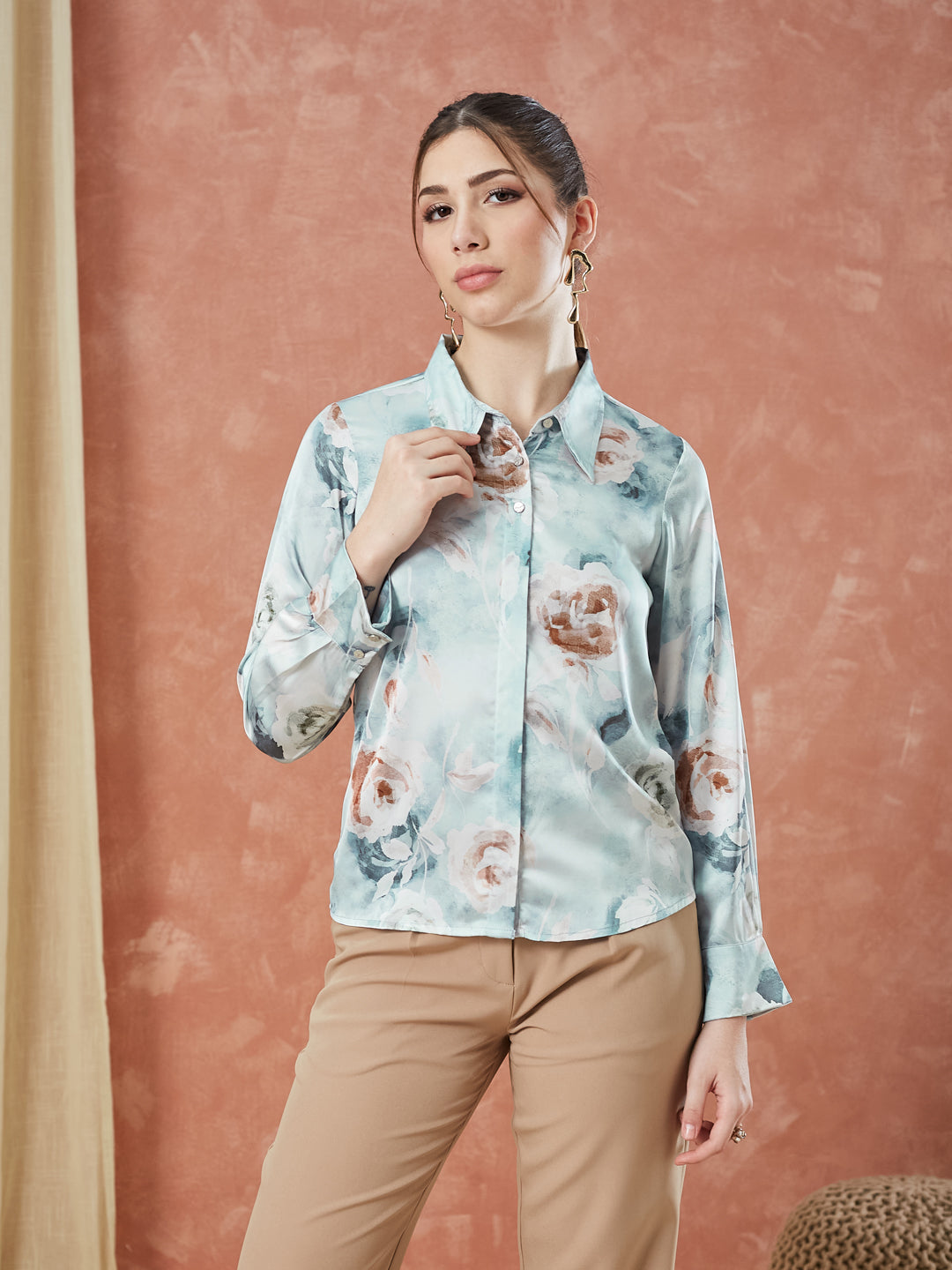 Latin Quarters Women's Grey Full Sleeves Printed Collared Neck Formal Shirt