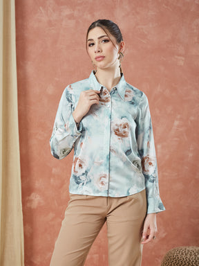 Latin Quarters Women's Grey Full Sleeves Printed Collared Neck Formal Shirt