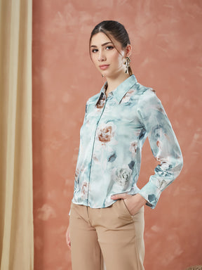 Latin Quarters Women's Grey Full Sleeves Printed Collared Neck Formal Shirt
