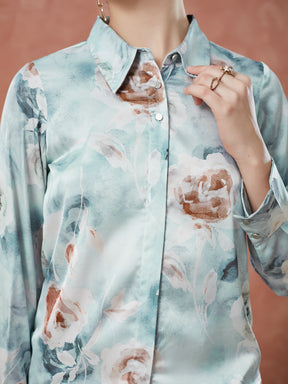Latin Quarters Women's Grey Full Sleeves Printed Collared Neck Formal Shirt