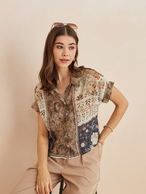Latin Quarters Women'S Beige Collar Neck Short Sleeves Printed Casual Shirt