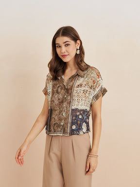 Latin Quarters Women'S Beige Collar Neck Short Sleeves Printed Casual Shirt