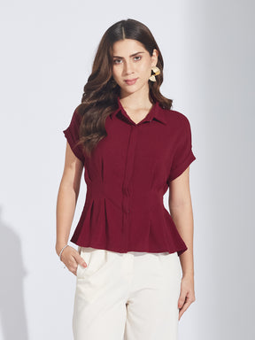 Latin Quarters Women'S Maroon Collar Neck Short Sleeves Solid Casual Shirt