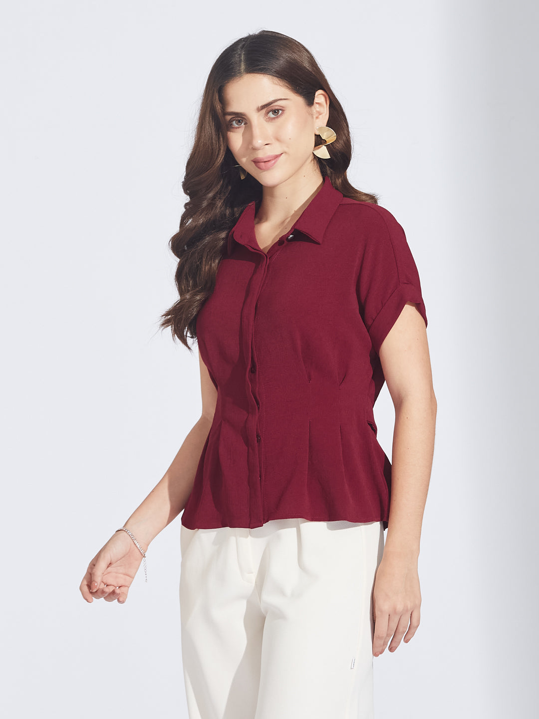 Latin Quarters Women'S Maroon Collar Neck Short Sleeves Solid Casual Shirt