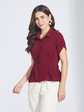 Latin Quarters Women'S Maroon Collar Neck Short Sleeves Solid Casual Shirt