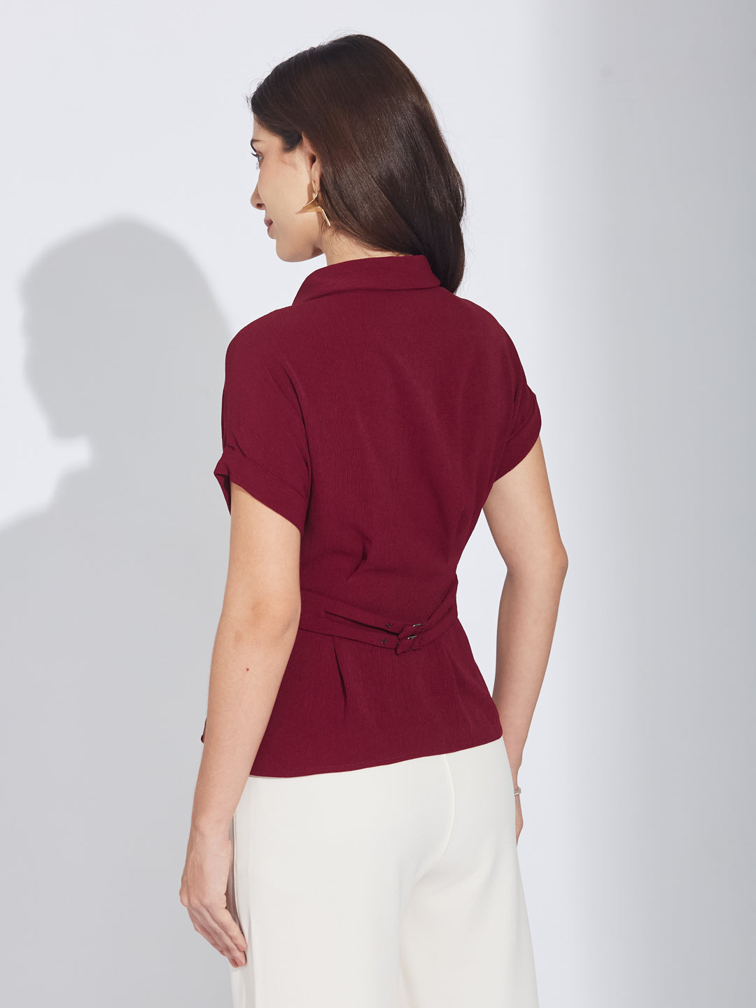 Latin Quarters Women'S Maroon Collar Neck Short Sleeves Solid Casual Shirt