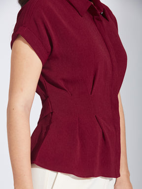 Latin Quarters Women Maroon Half Sleeve Collared Casual Solid Shirt