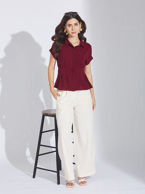 Latin Quarters Women Maroon Half Sleeve Collared Casual Solid Shirt