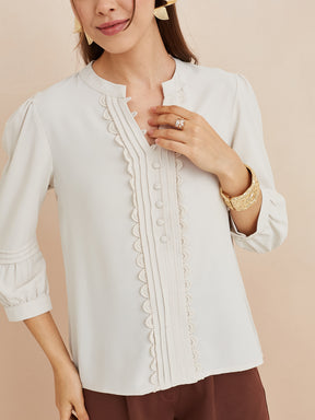 Latin Quarters Women'S Off White Mandarin Neck 3/4Th Sleeves Solid Casual Top