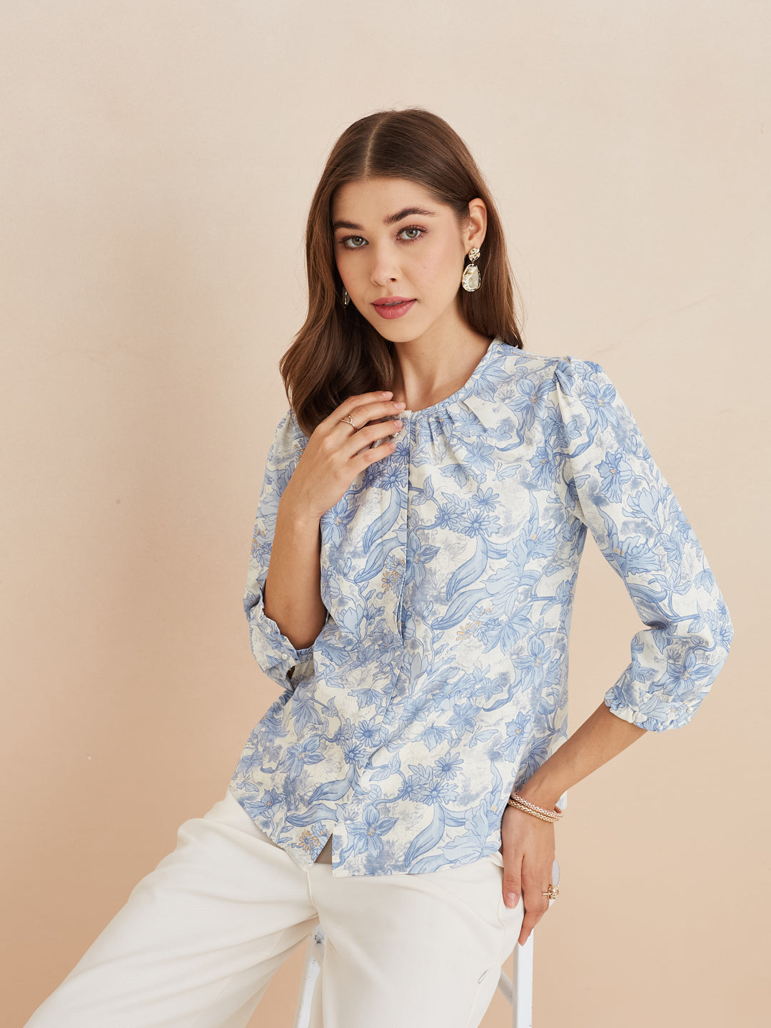 Latin Quarters Women'S Blue Round Neck 3/4Th Sleeves Printed Casual Top