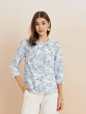 Latin Quarters Women'S Blue Round Neck 3/4Th Sleeves Printed Casual Top