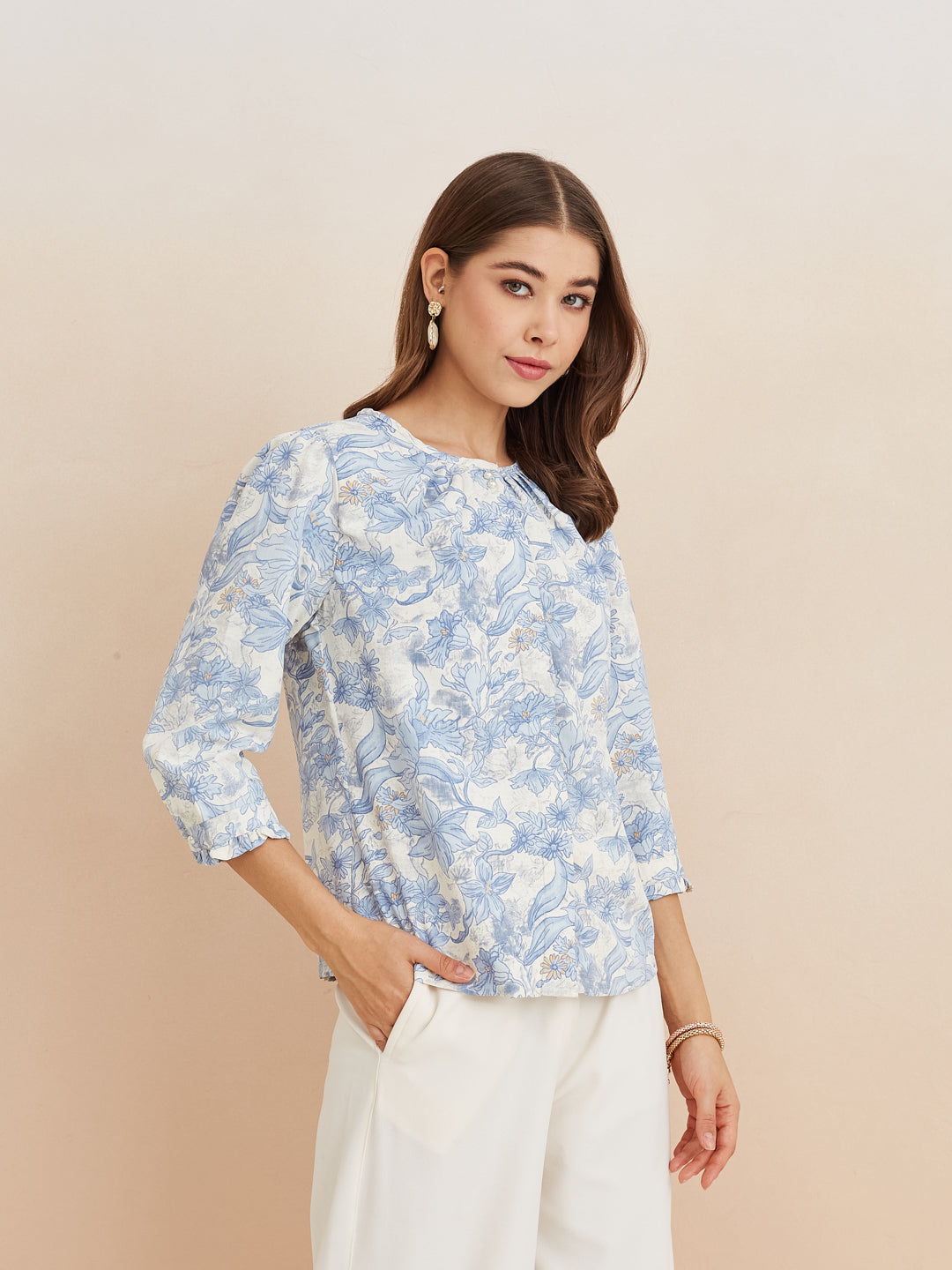 Latin Quarters Women'S Blue Round Neck 3/4Th Sleeves Printed Casual Top