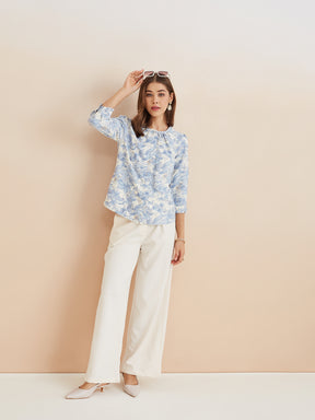 Latin Quarters Women'S Blue Round Neck 3/4Th Sleeves Printed Casual Top