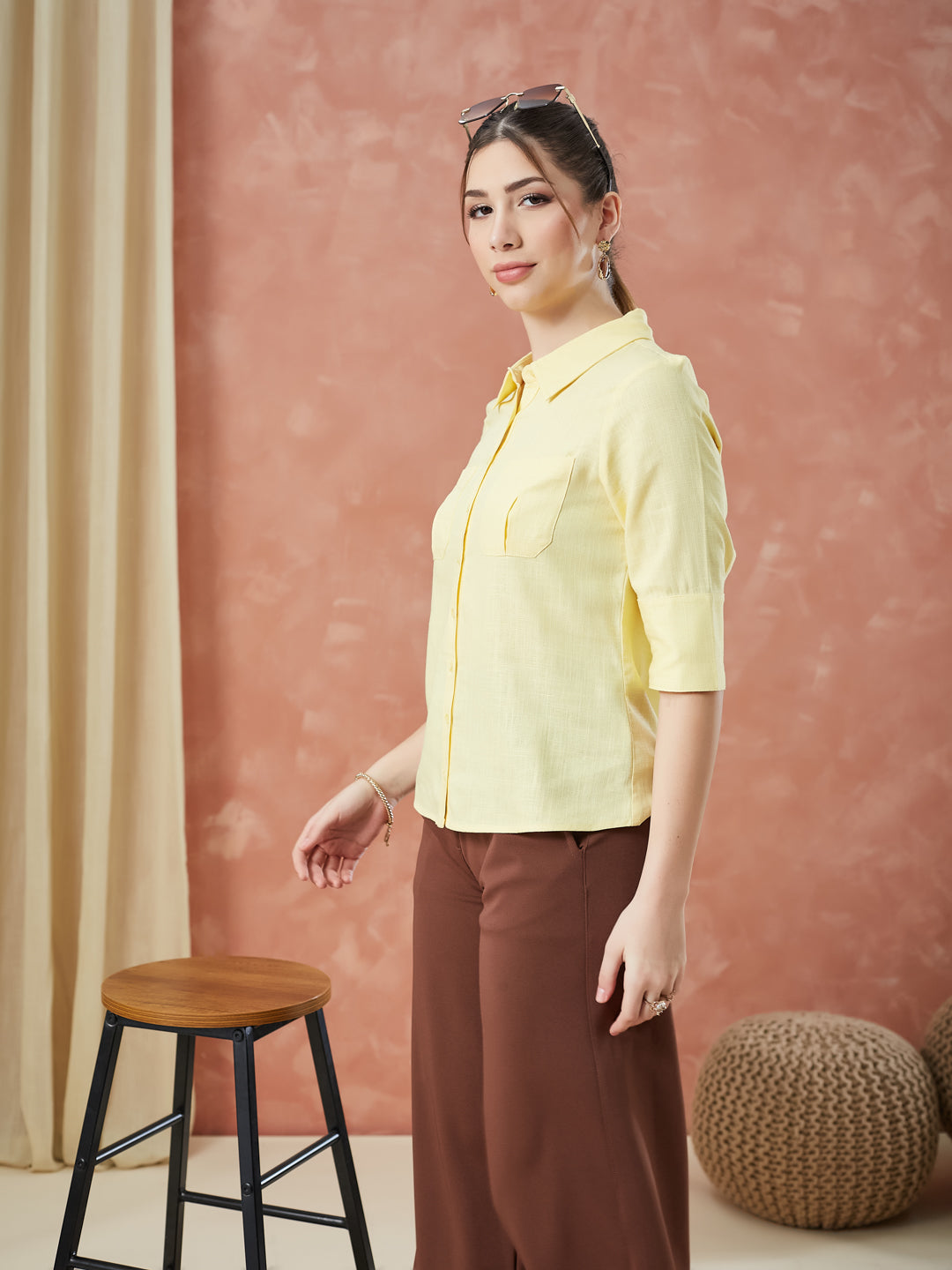 Latin Quarters Women's Yellow Half Sleeves Solid Collar Neck Formal Shirt