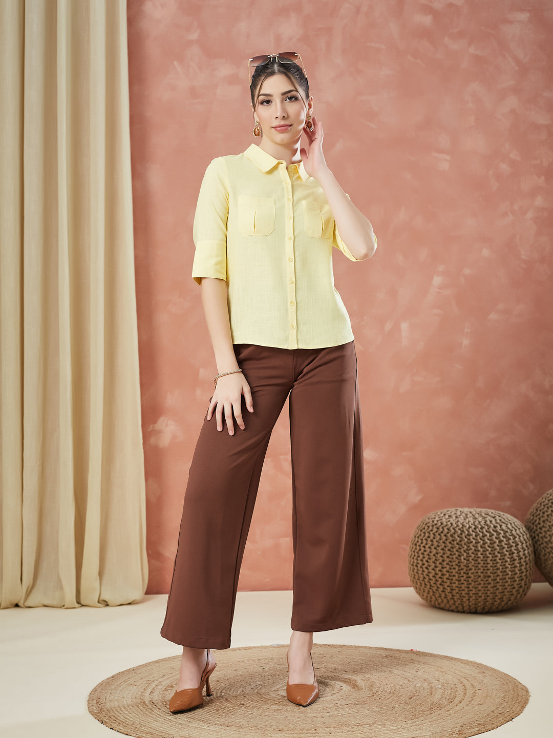Latin Quarters Women's Yellow Half Sleeves Solid Collar Neck Formal Shirt