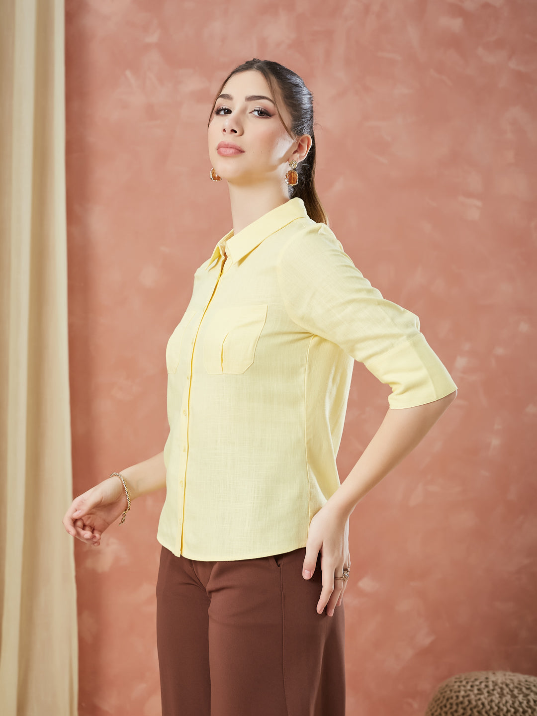 Latin Quarters Women's Yellow Half Sleeves Solid Collar Neck Formal Shirt