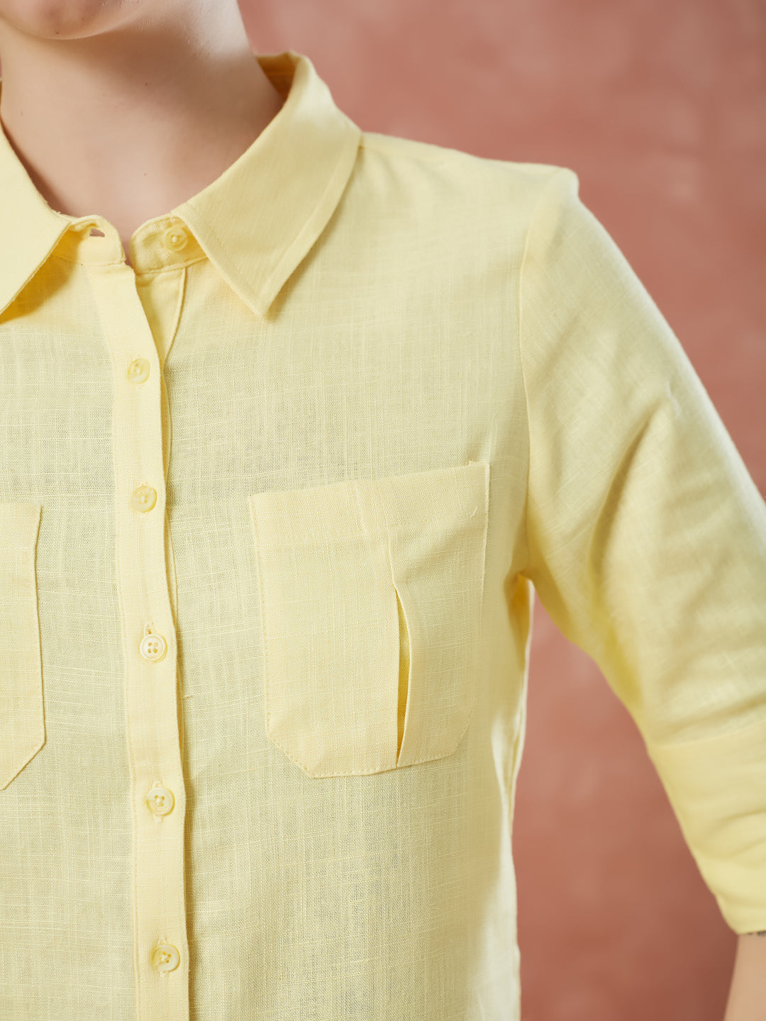 Latin Quarters Women's Yellow Half Sleeves Solid Collar Neck Formal Shirt