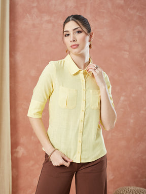 Latin Quarters Women's Yellow Half Sleeves Solid Collar Neck Formal Shirt