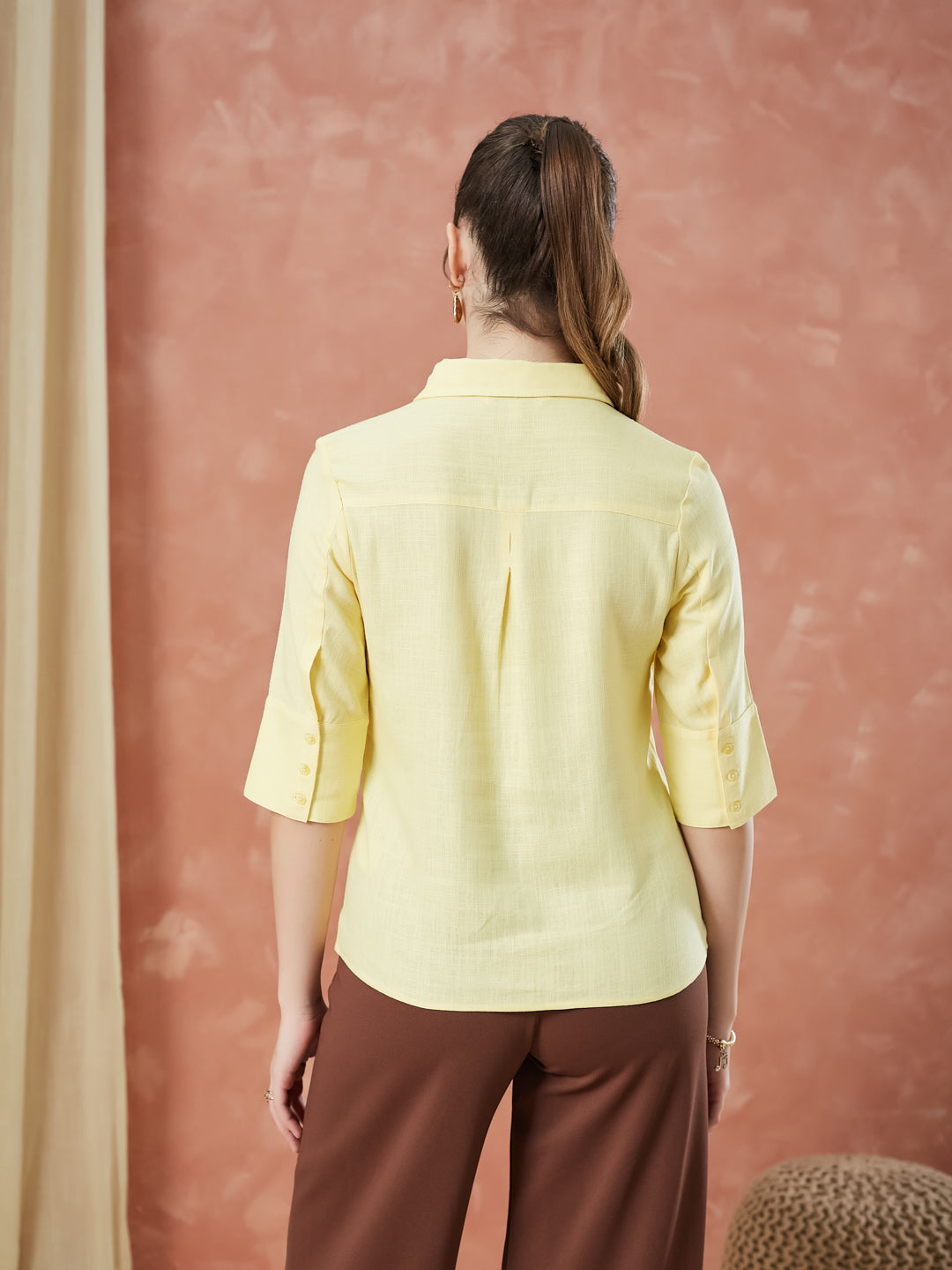 Latin Quarters Women's Yellow Half Sleeves Solid Collar Neck Formal Shirt