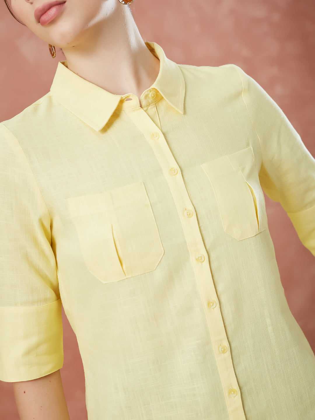 Latin Quarters Women's Yellow Half Sleeves Solid Collar Neck Formal Shirt