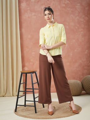 Latin Quarters Women's Yellow Half Sleeves Solid Collar Neck Formal Shirt