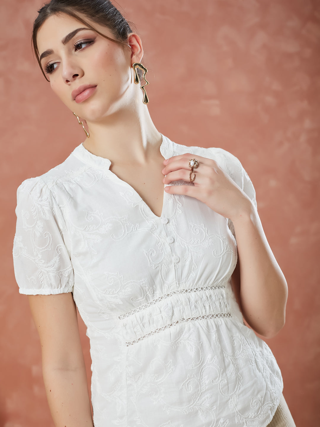 Latin Quarters Women's White Short Sleeves Embroidery V-Neck Casual Top