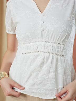 Latin Quarters Women's White Short Sleeves Embroidery V-Neck Casual Top