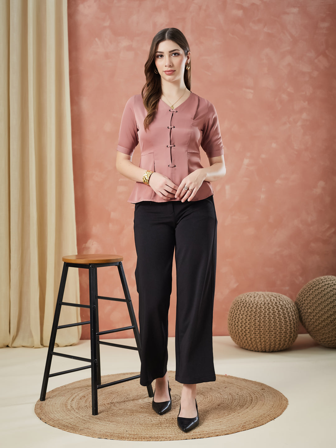 Latin Quarters Women's Pink Half Sleeves Solid V-Neck Casual Top