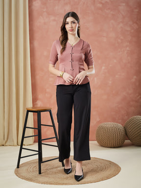 Latin Quarters Women's Pink Half Sleeves Solid V-Neck Casual Top