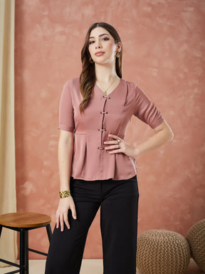 Latin Quarters Women's Pink Half Sleeves Solid V-Neck Casual Top