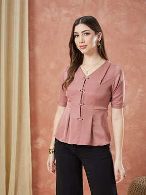 Latin Quarters Women's Pink Half Sleeves Solid V-Neck Casual Top