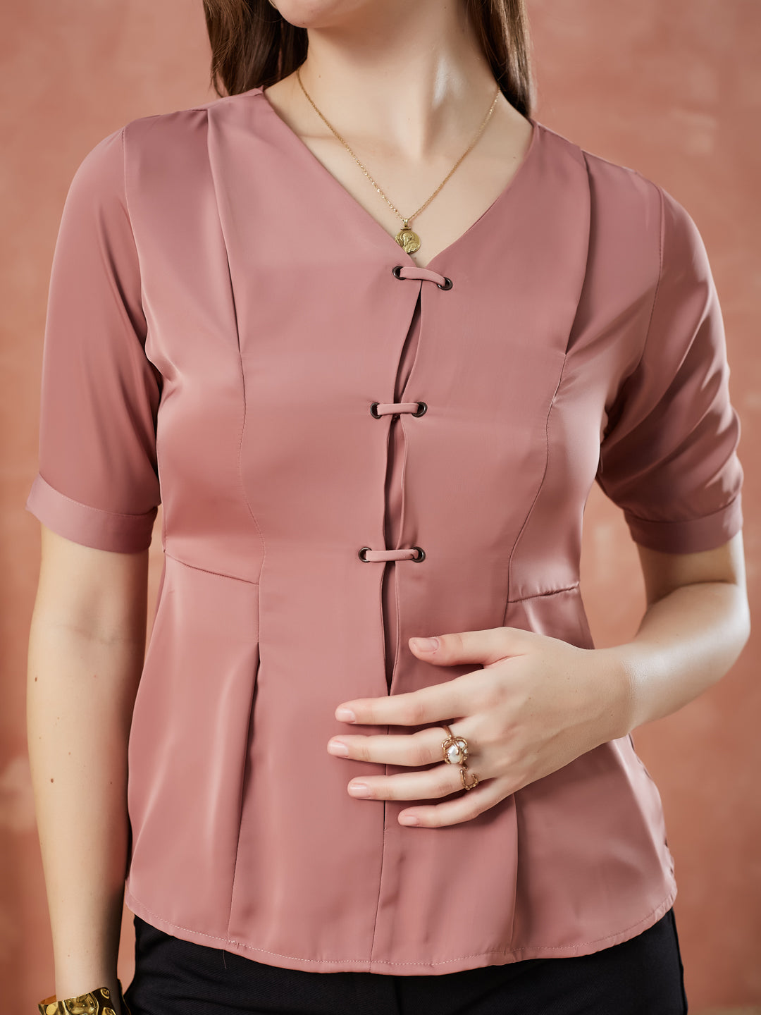 Latin Quarters Women's Pink Half Sleeves Solid V-Neck Casual Top