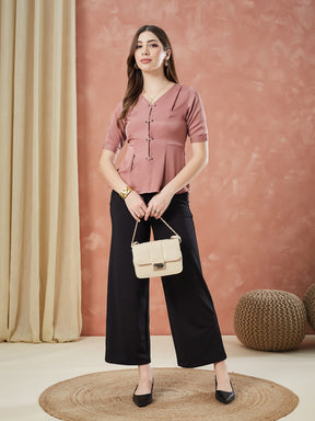 Latin Quarters Women's Pink Half Sleeves Solid V-Neck Casual Top