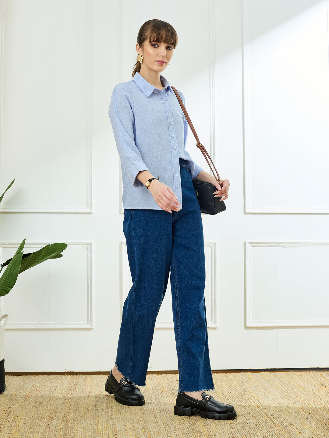 Latin Quarters Women's Blue 3/4th Sleeves Collar Neck Casual Solid Shirt