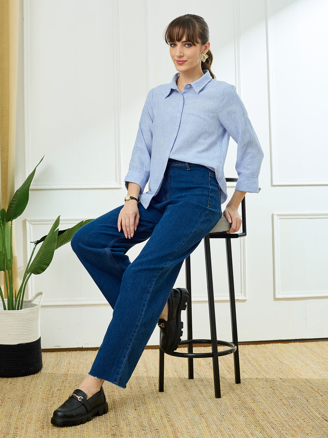 Latin Quarters Women's Blue 3/4th Sleeves Collar Neck Casual Solid Shirt