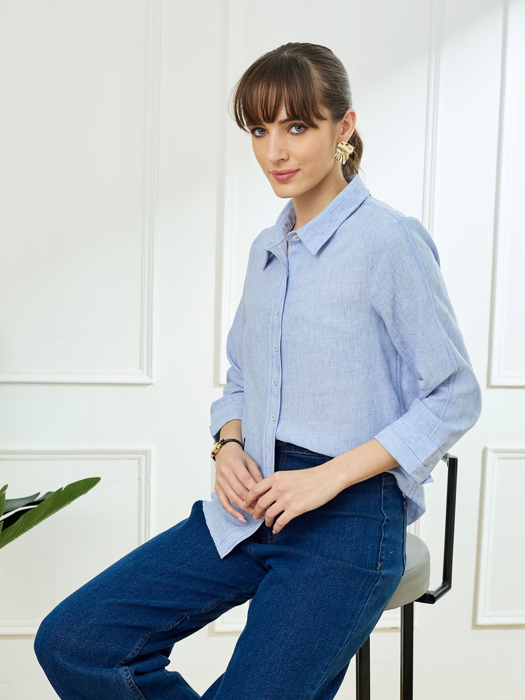 Latin Quarters Women's Blue 3/4th Sleeves Collar Neck Casual Solid Shirt