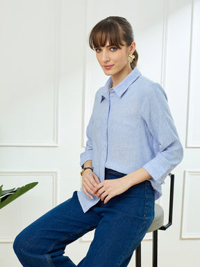 Latin Quarters Women's Blue 3/4th Sleeves Collar Neck Casual Solid Shirt