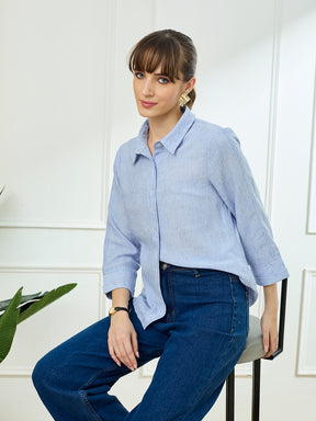 Latin Quarters Women's Blue 3/4th Sleeves Collar Neck Casual Solid Shirt