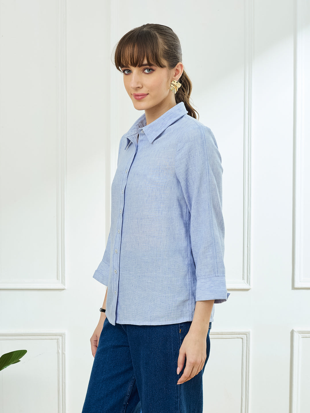 Latin Quarters Women's Blue 3/4th Sleeves Collar Neck Casual Solid Shirt
